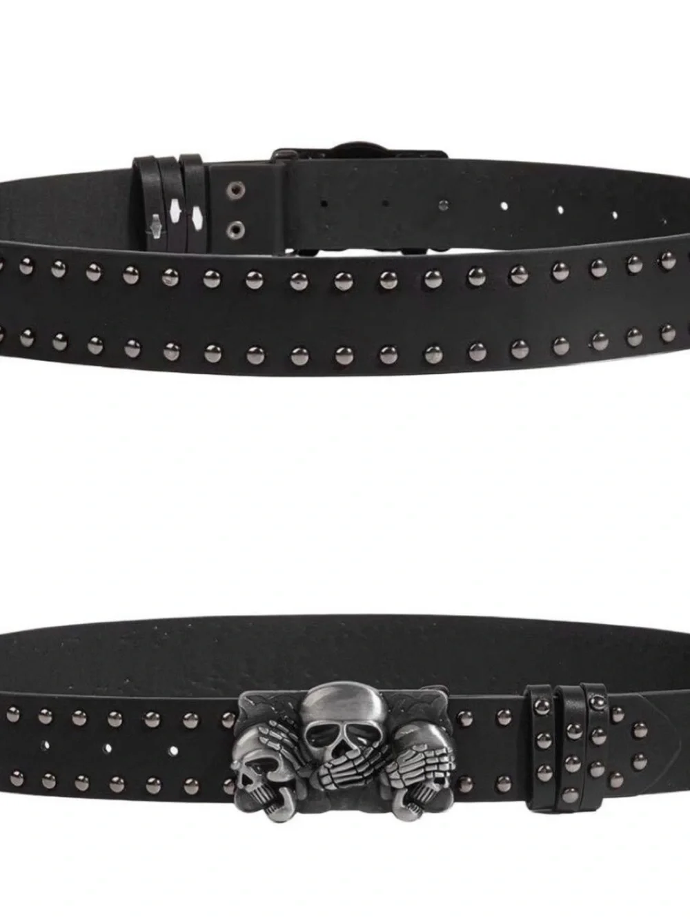 White Studded Leather Belt with Three Skull Buckle